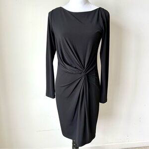 MAGGY LONDON Black Jersey Knit Side Knot 3/4 Sleeve Sheath Dress—SZ. 4
